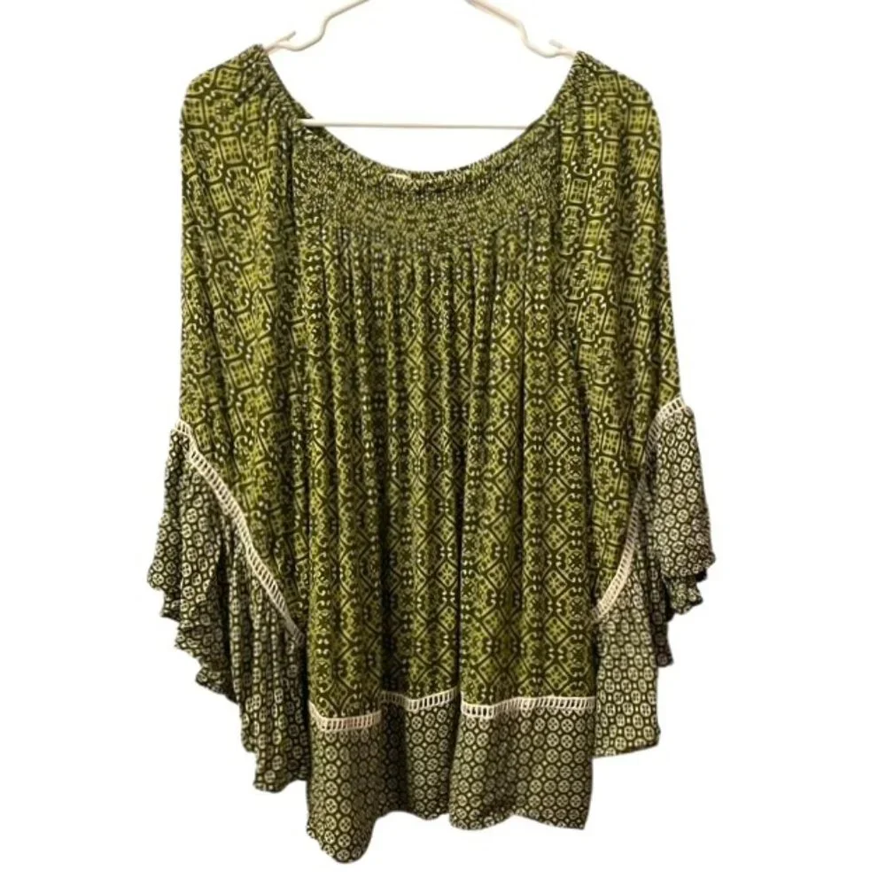 Chico's Boho Geometric Blouse Top Green Flowy Size XL - Picture 1 of 16